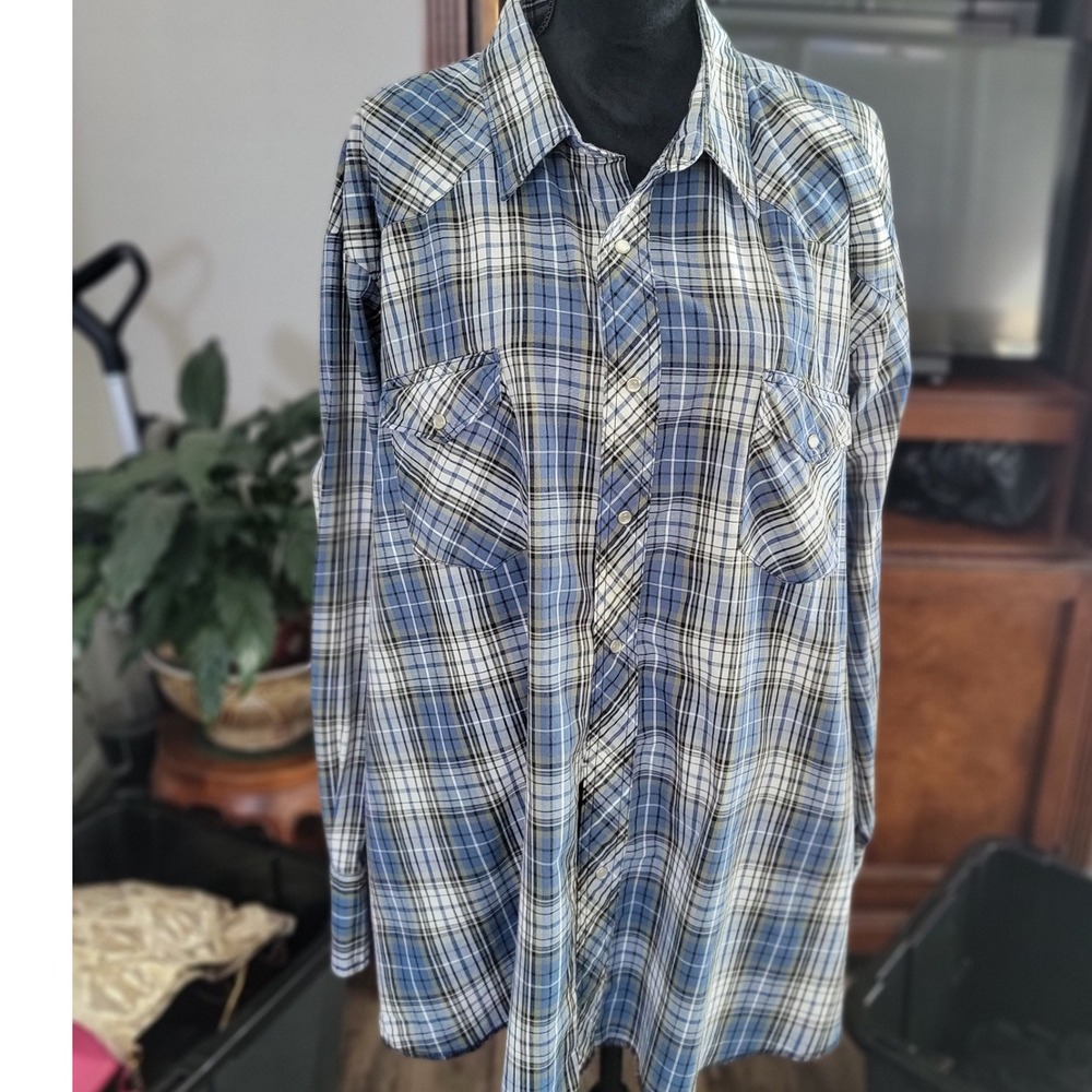 Wrangler‎ Western Shirt Mens 4X Blue Plaid Pearl Snap Long Sleeve